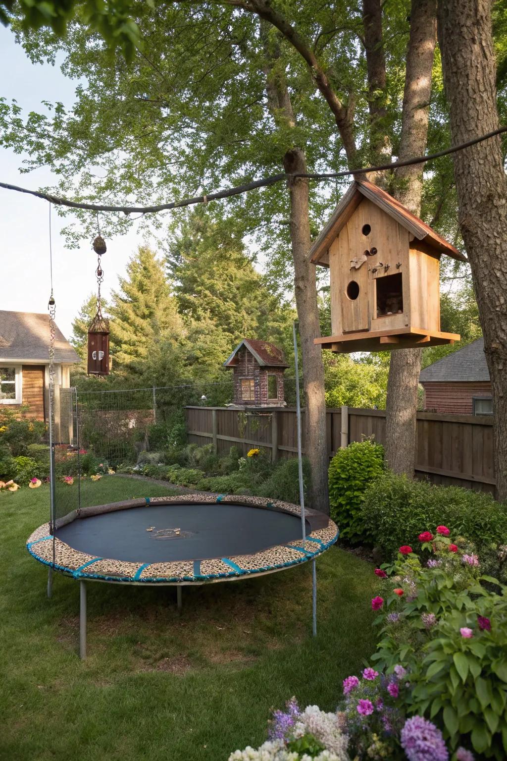 Turn your trampoline into a bird sanctuary with feeders and houses.
