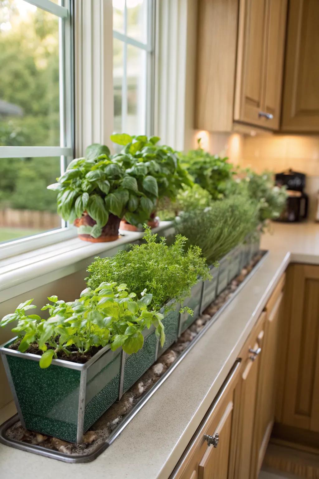 Kitchen window boxes brimming with fresh herbs.