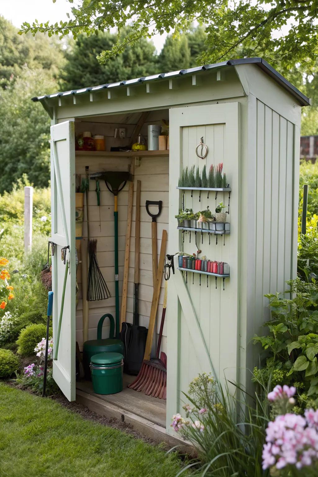 Tools organized to maximize planting space.
