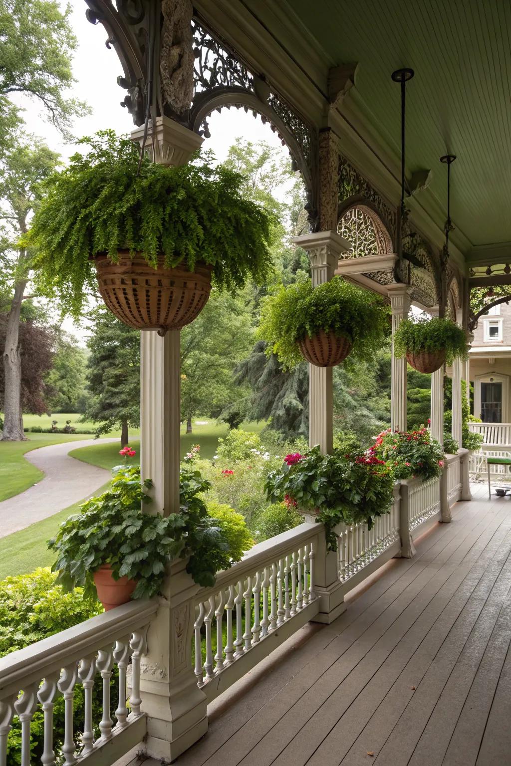 Lush greenery enhances porch beauty.