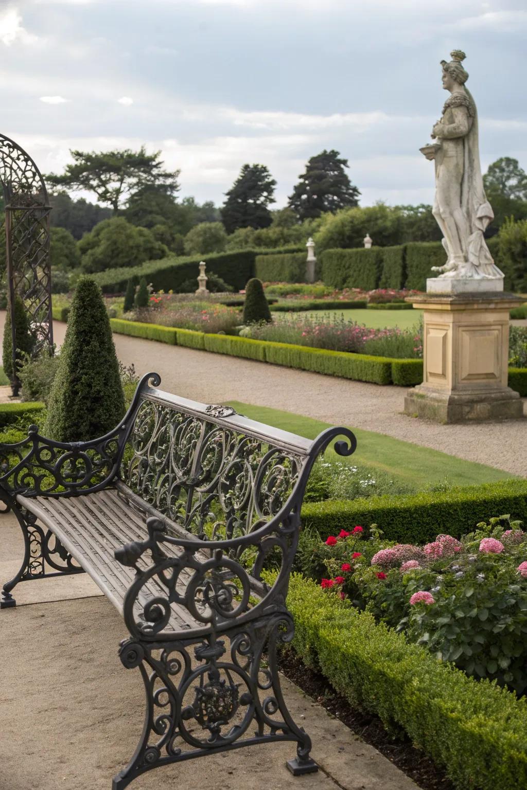 Ironwork and statuary provide classic Victorian charm.