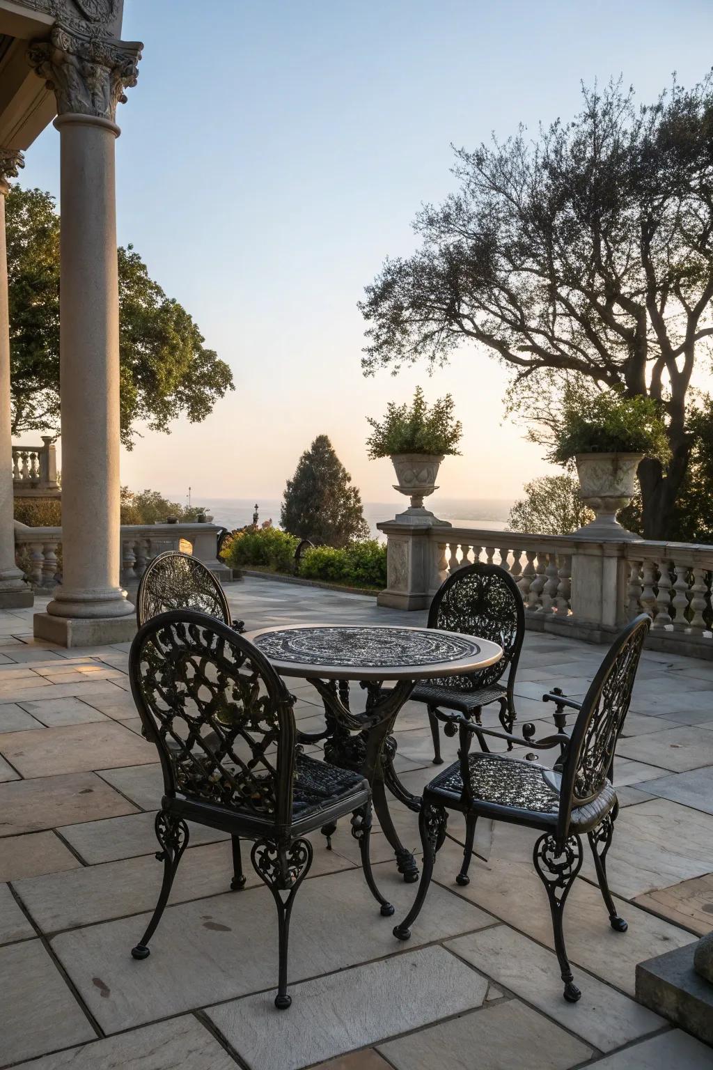 An ornate dining set ready for gatherings on the Victorian patio.