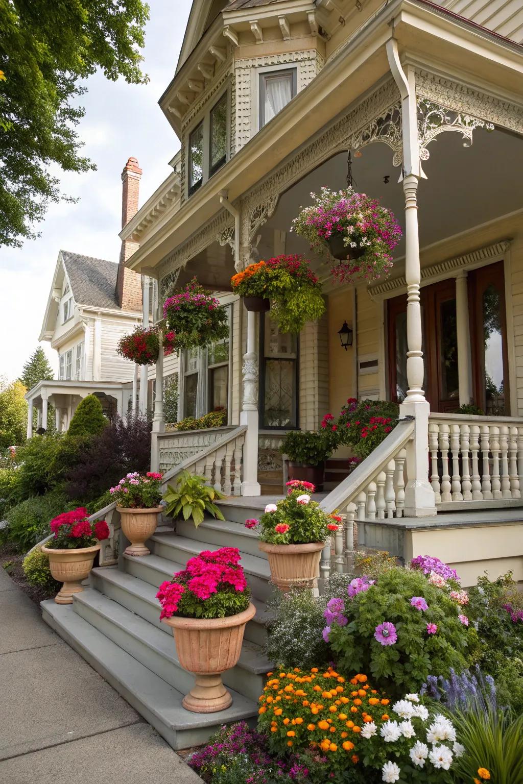 Victorian porch adorned with a variety of potted plants and colorful flowers.
