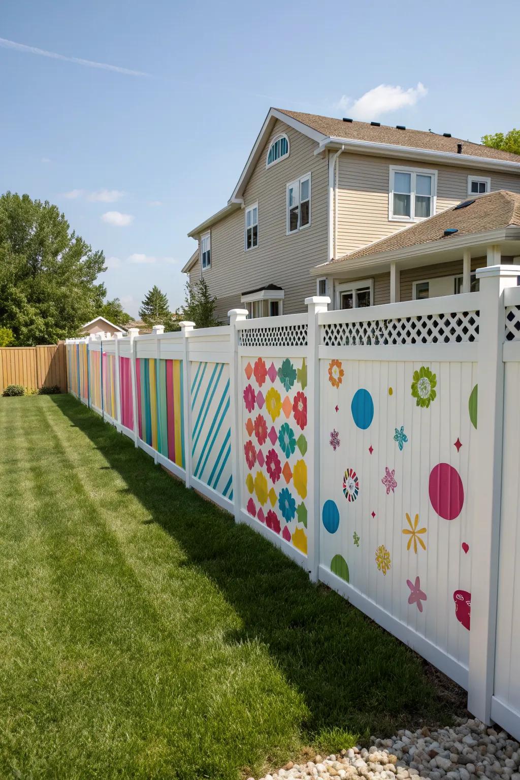 A playful mix of styles and colors in this vinyl fence adds character and charm.