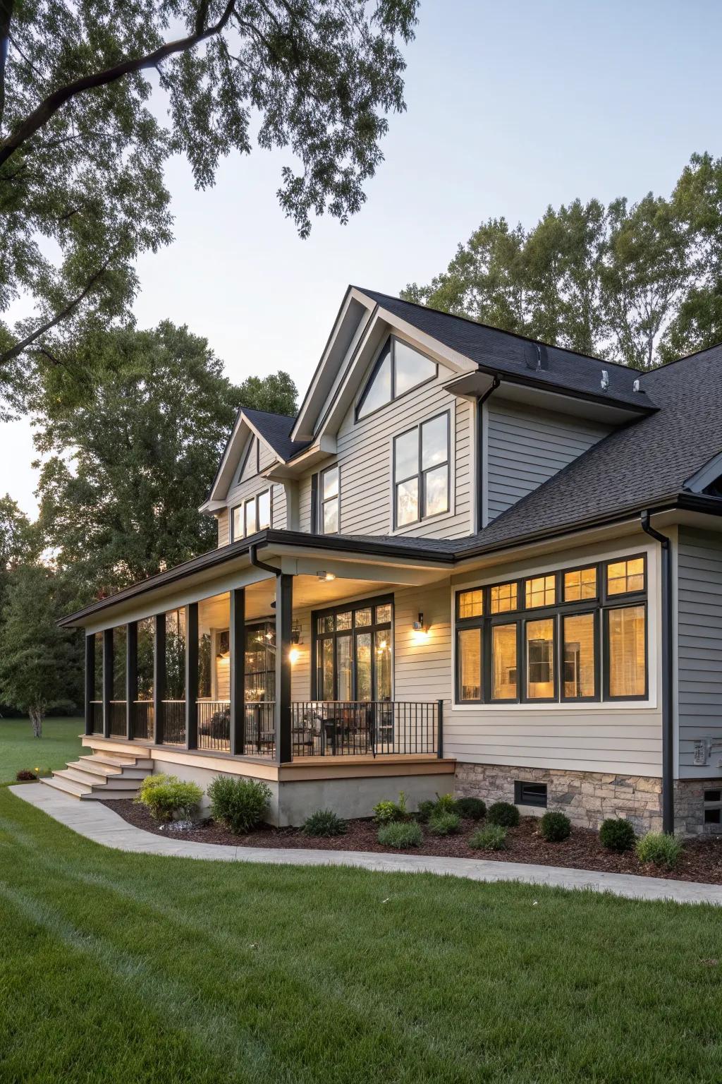 A stylish ranch home beautifully blending modern and traditional vinyl siding.