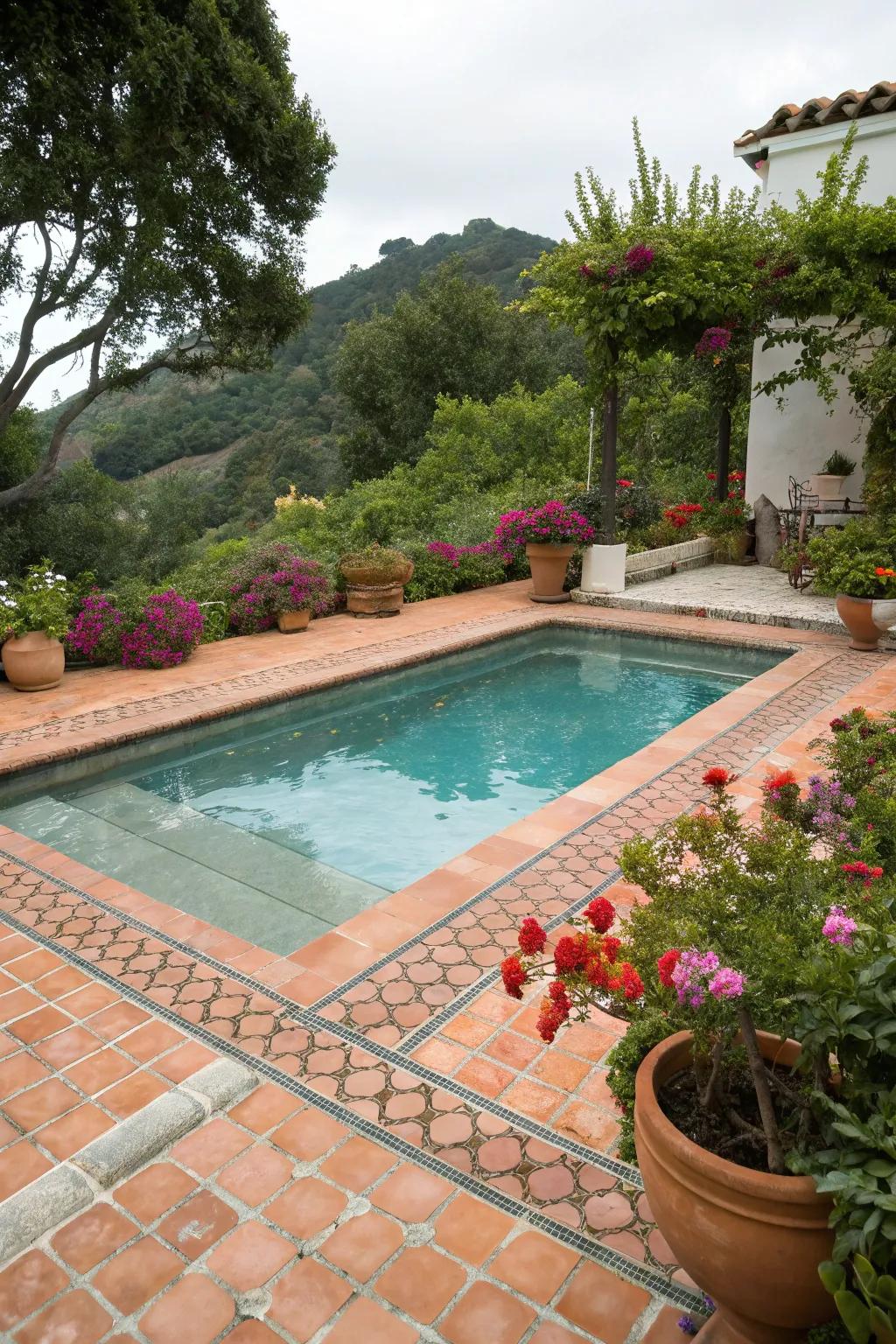 Mediterranean style brings warmth and color to this inground wading pool area.