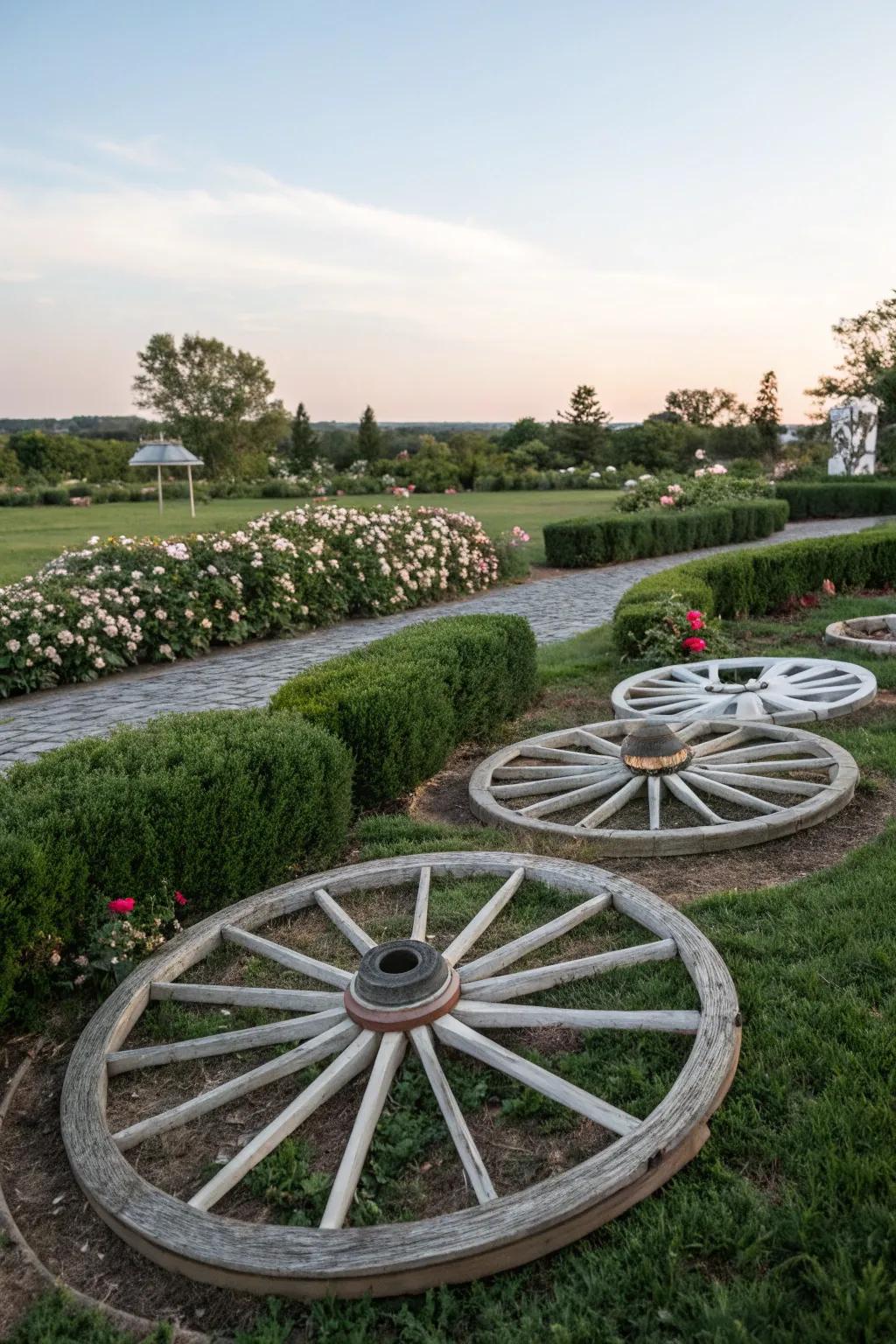 An artistic pattern of wagon wheels transforming a garden into an outdoor gallery.