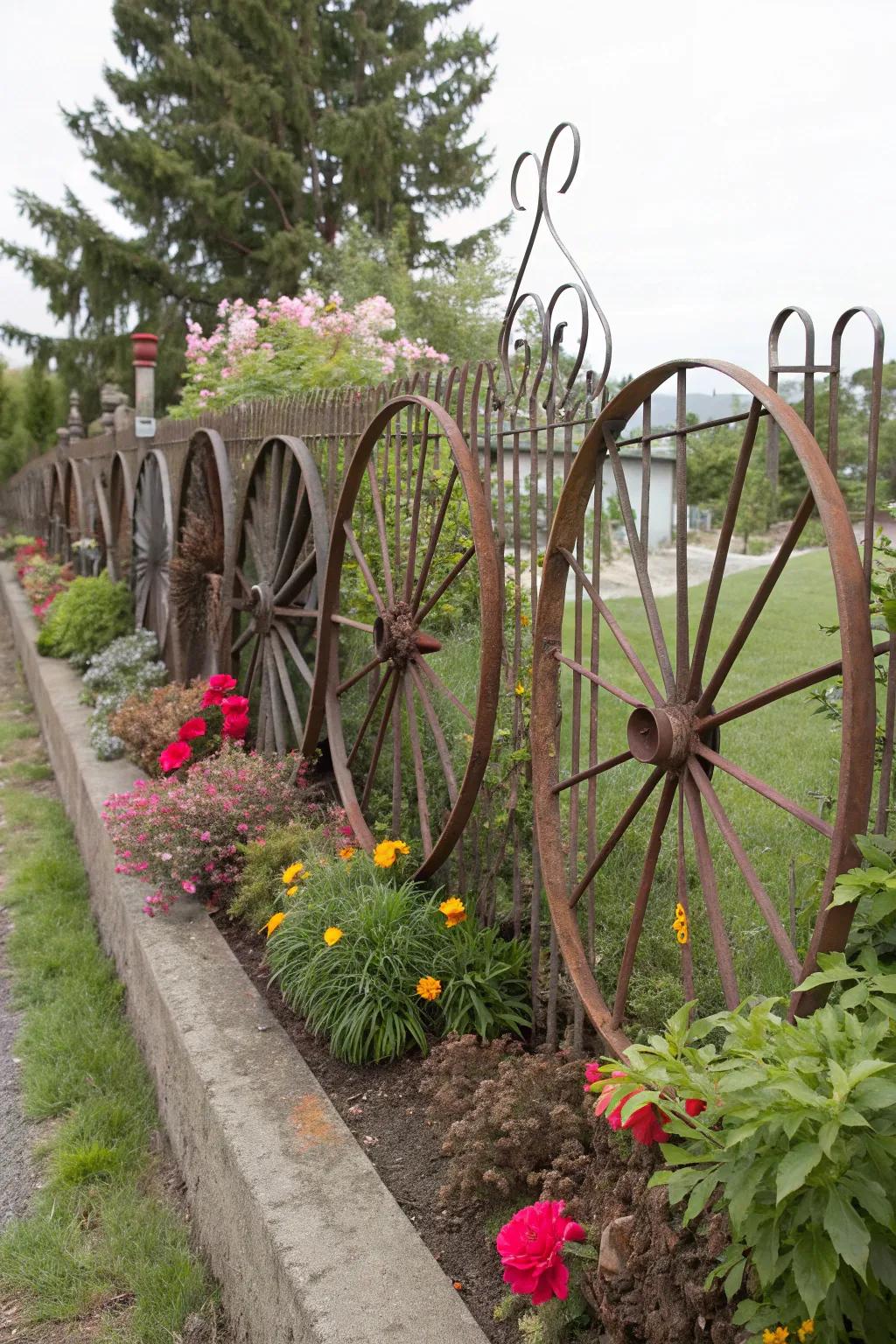 A whimsical garden fence made from welded wagon wheels.