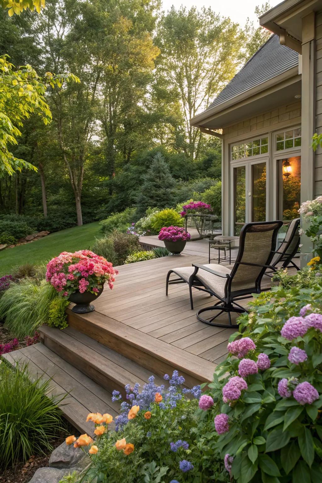 Lush landscaping creates a peaceful and vibrant retreat on a walkout basement patio.