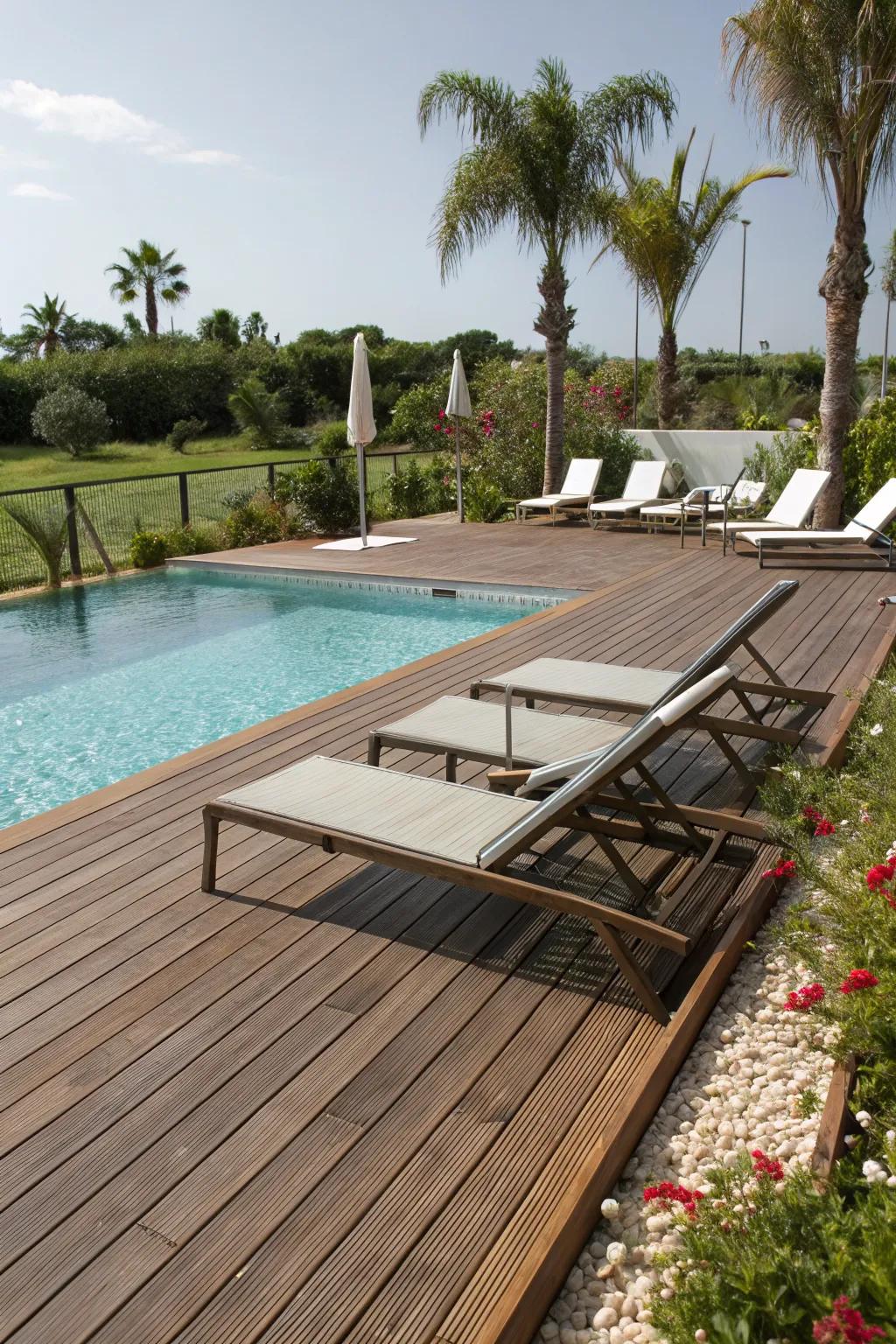 A deck adjacent to a sparkling pool with sun loungers.