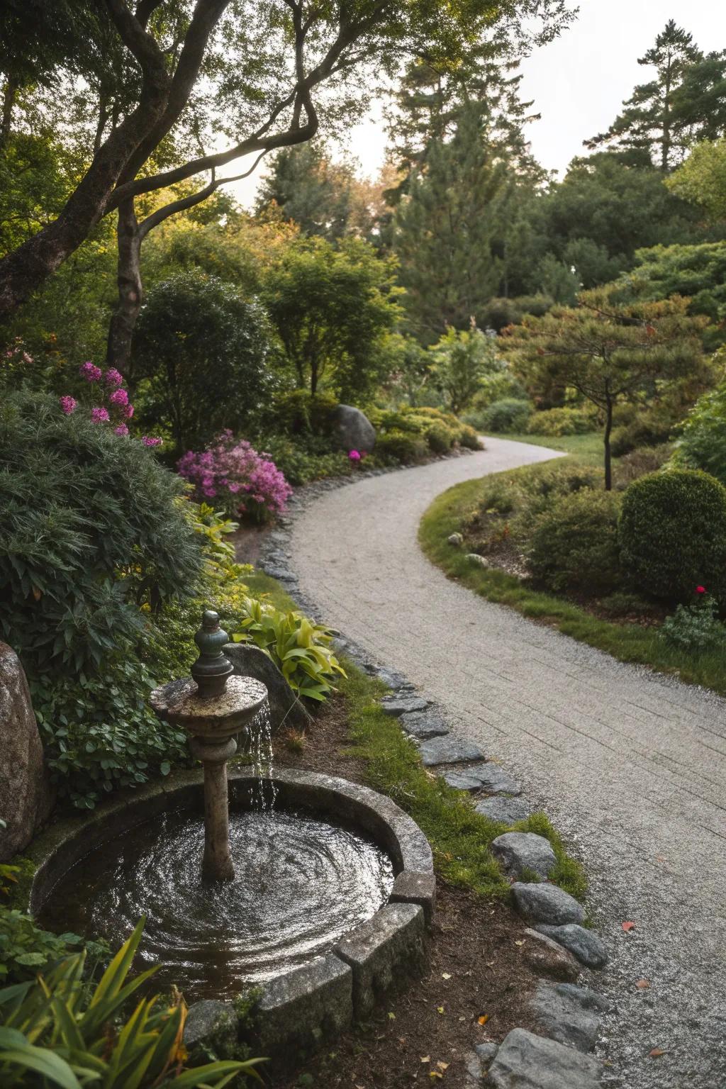 A tranquil gravel path complemented by a water feature.