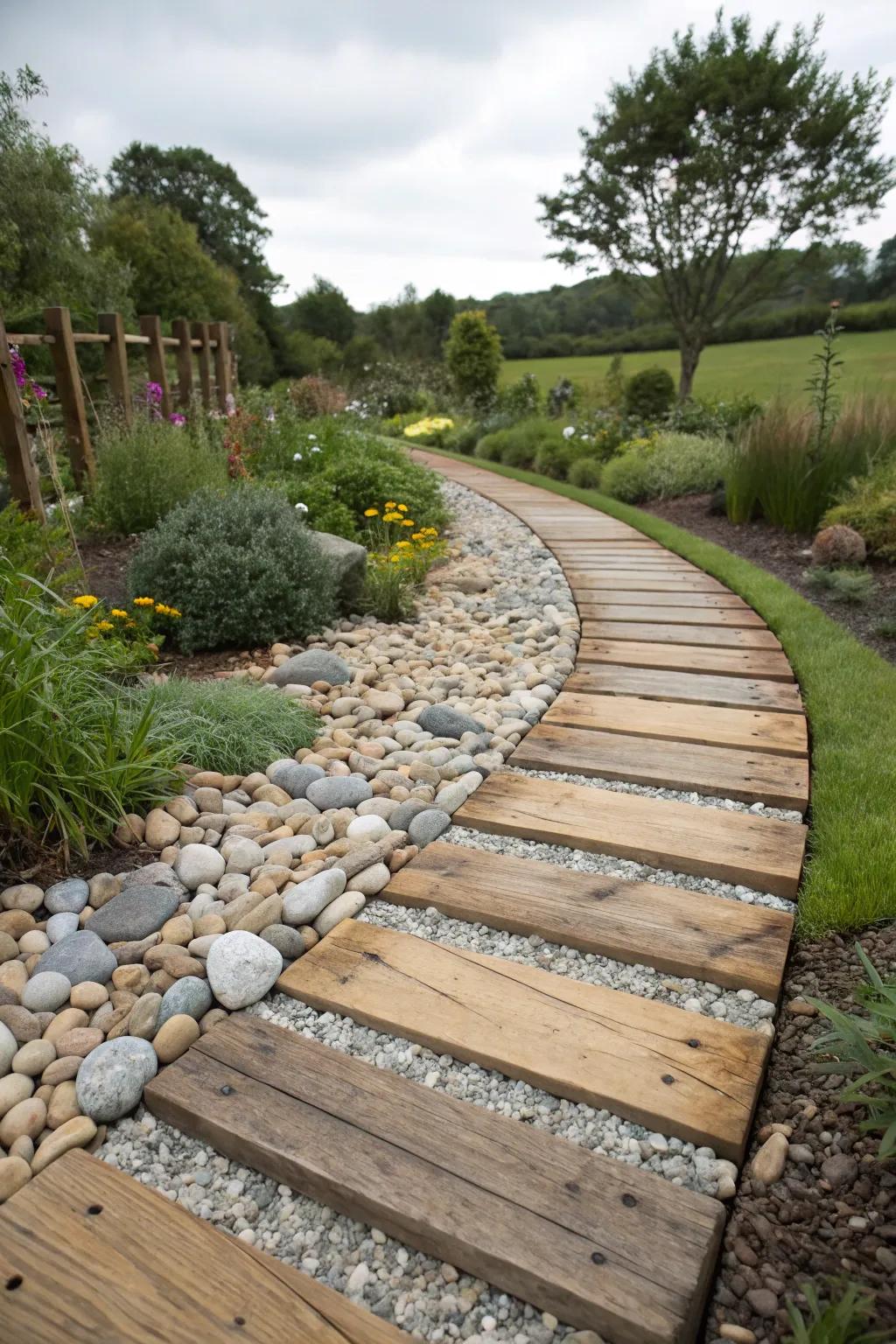 Textured garden path with mixed materials