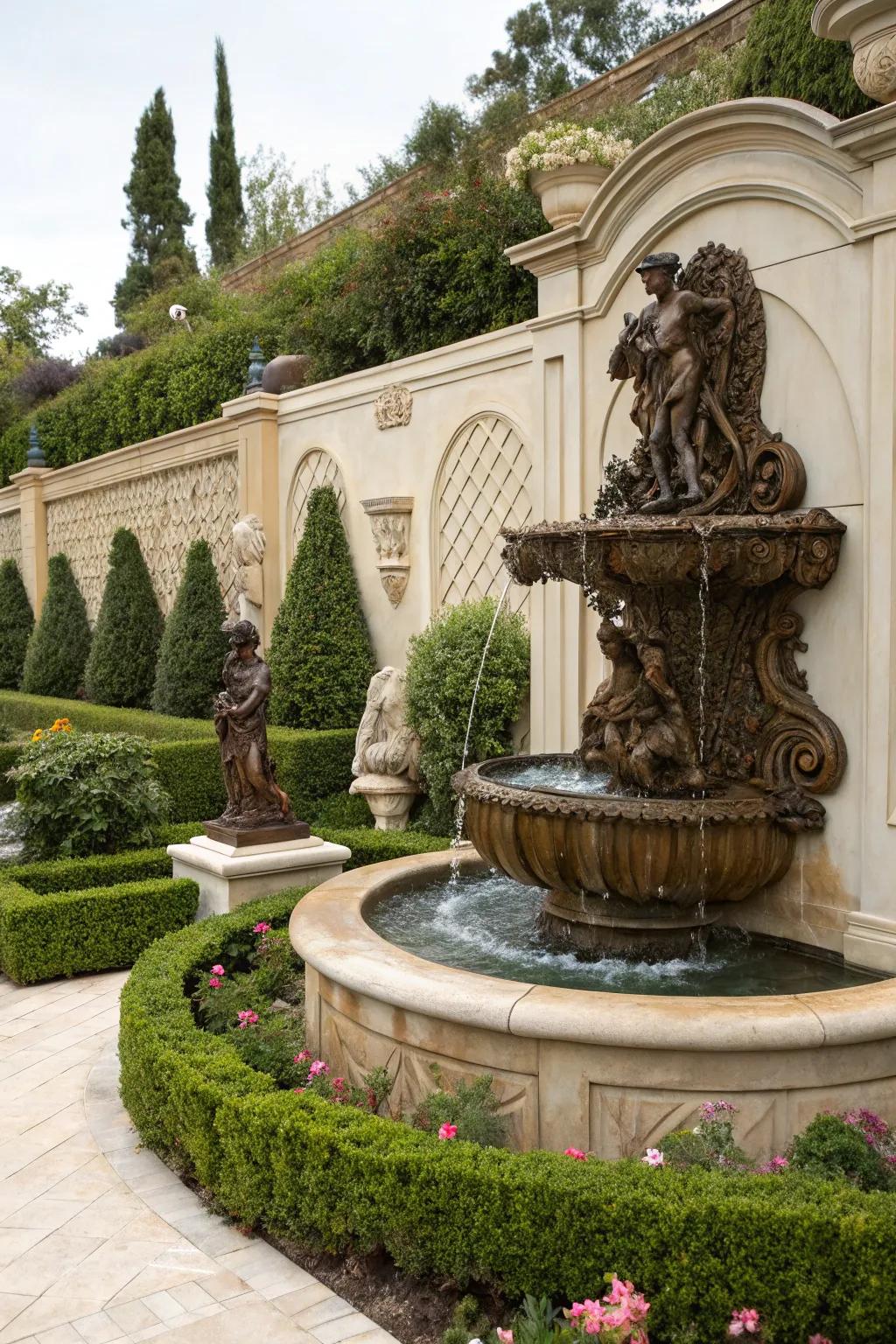 Elegant sculptures elevate this wall fountain to a luxe statement piece.