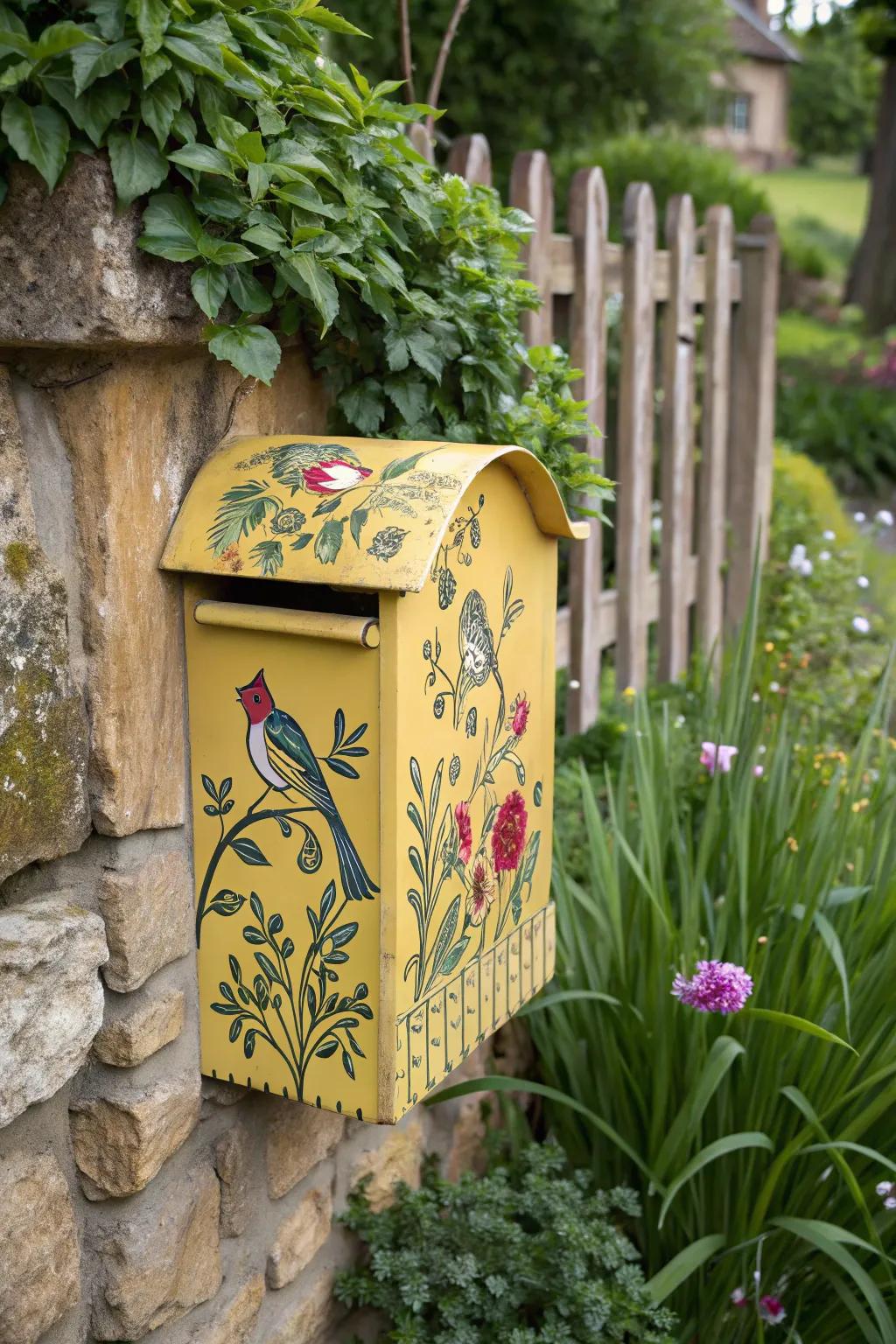 An artistic mailbox with a hand-painted design that stands out.