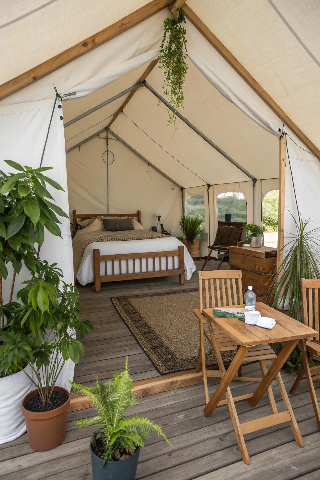 Natural elements like wood and greenery bring a fresh feel to this wall tent.