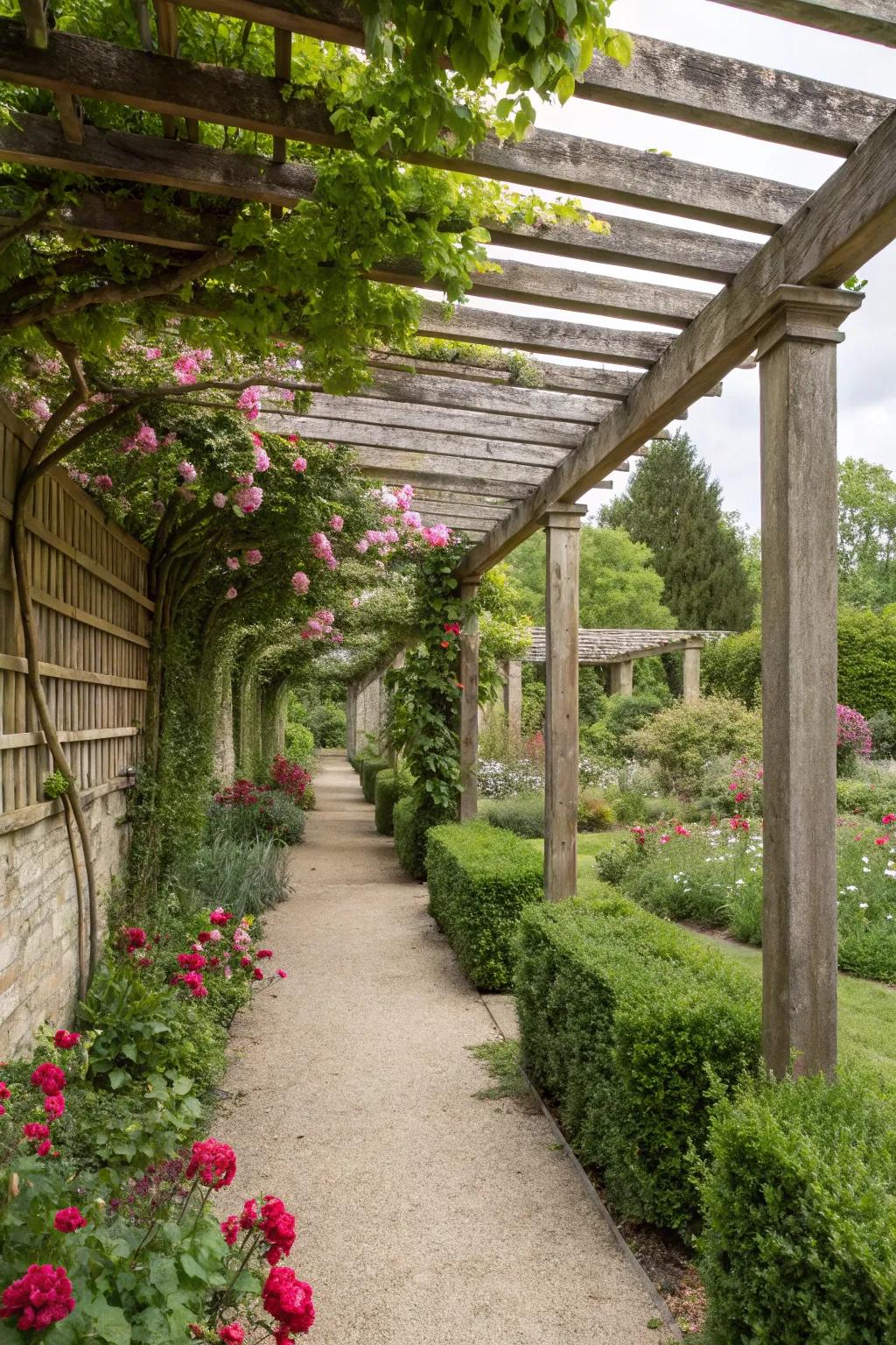 A pergola creating a shaded retreat.