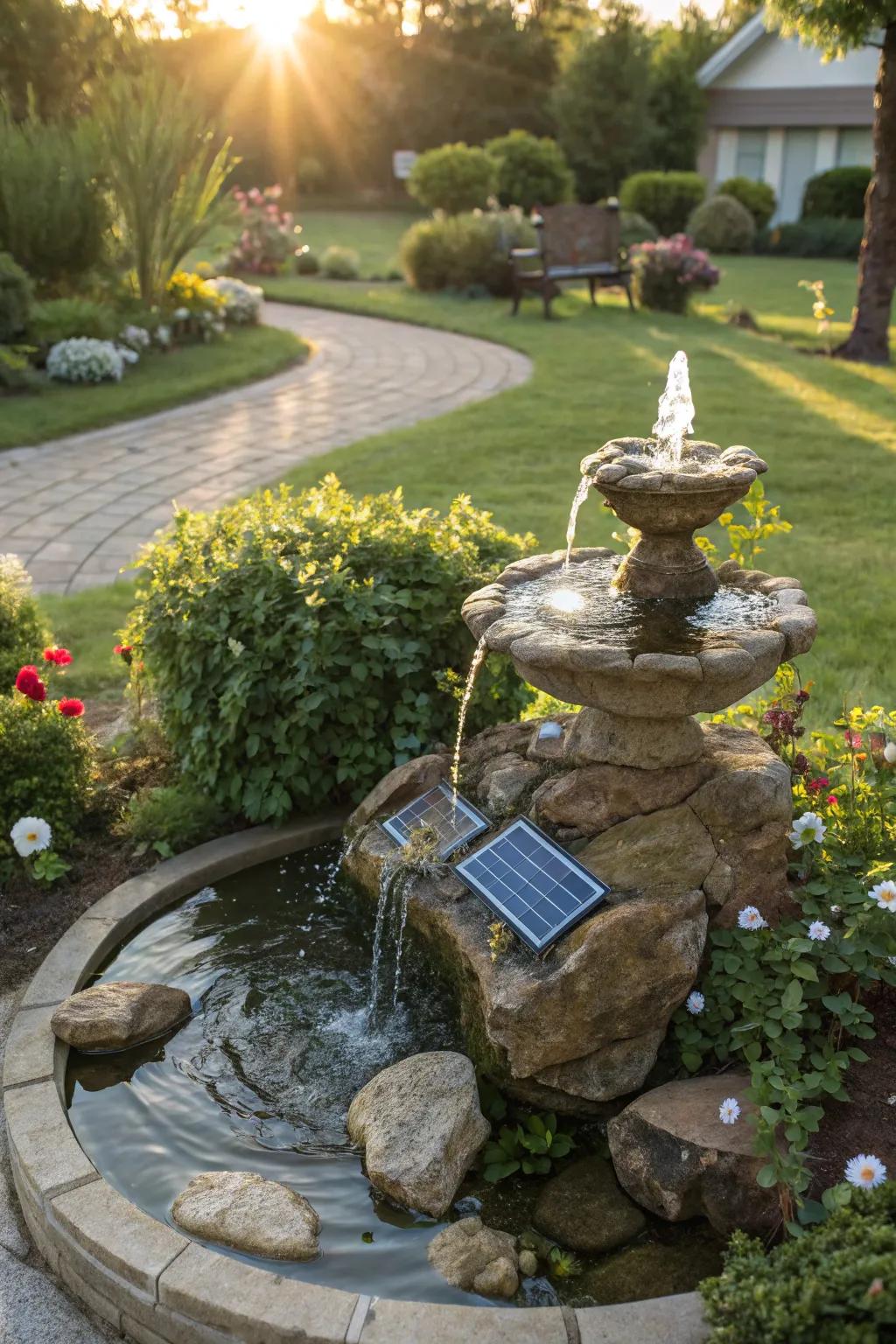 A solar-powered rock fountain combines sustainability with beauty.