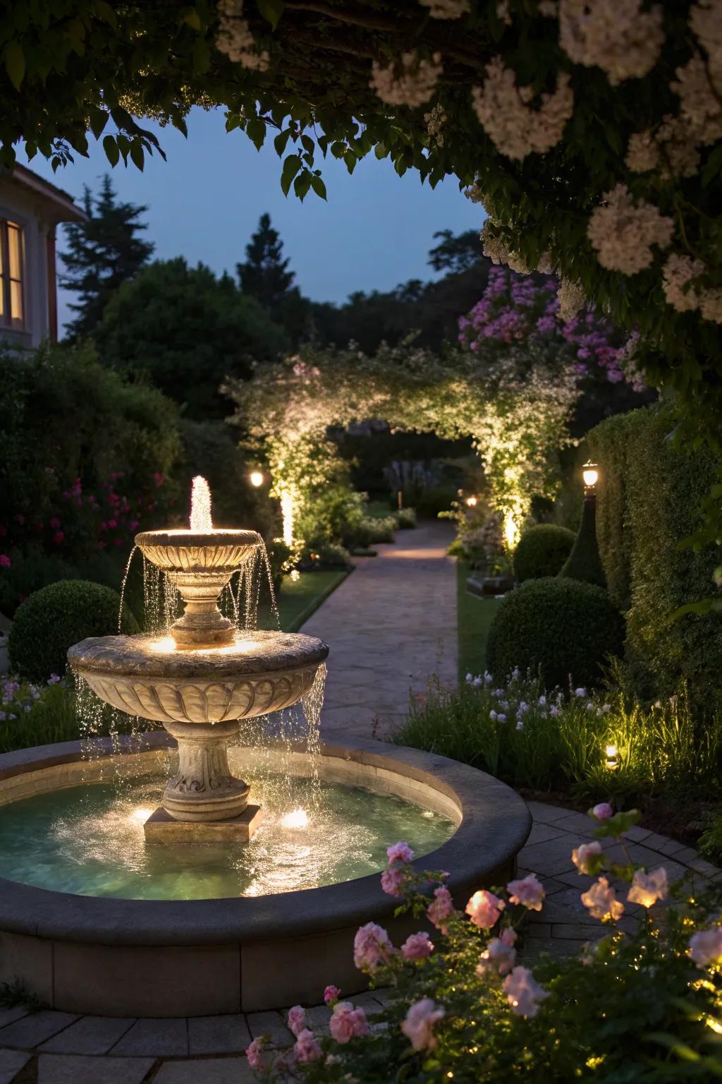 Soft lighting transforms a garden water feature into a nighttime spectacle.