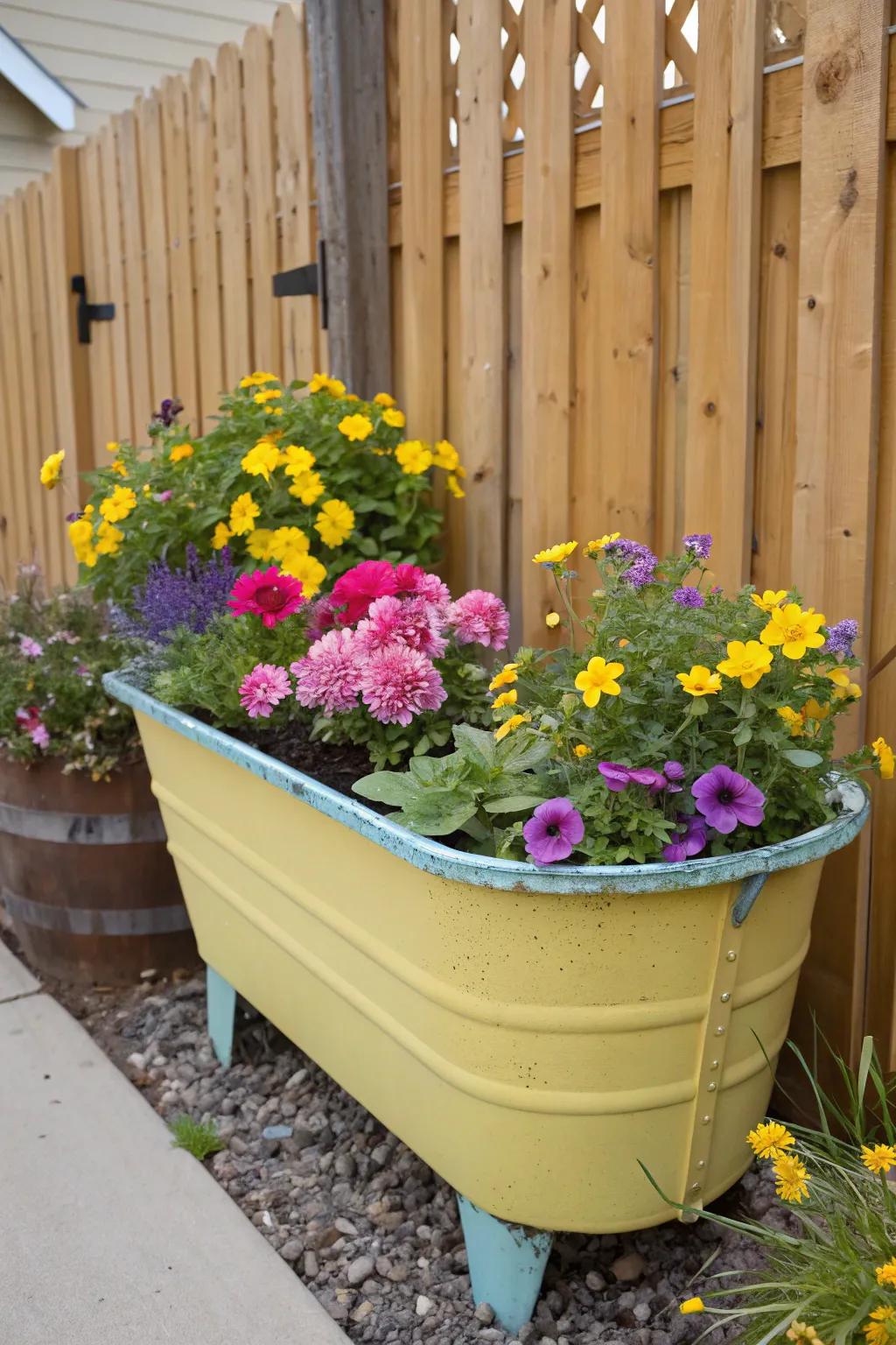 A colorful statement planter in a garden.