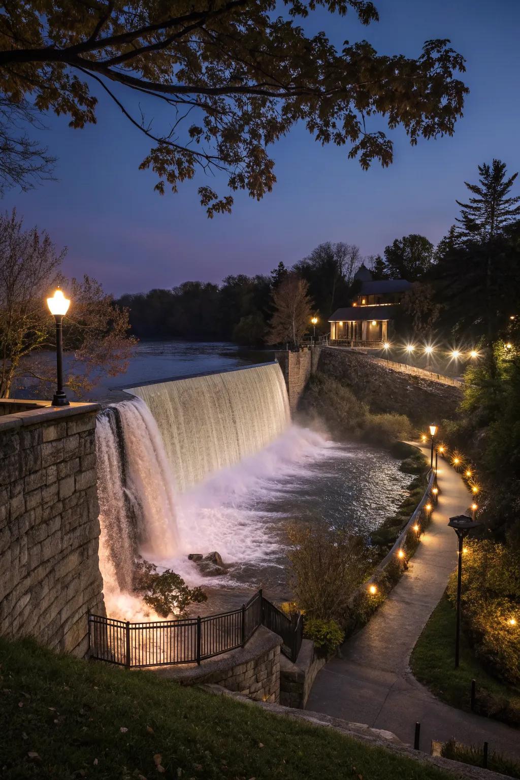 An illuminated spillway that transforms the garden into a magical nighttime retreat.
