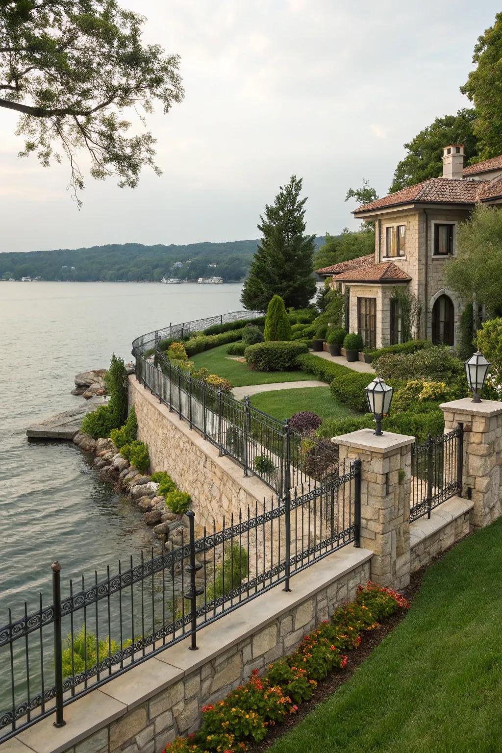 Stone and iron fencing provides a sophisticated look on this waterfront estate.
