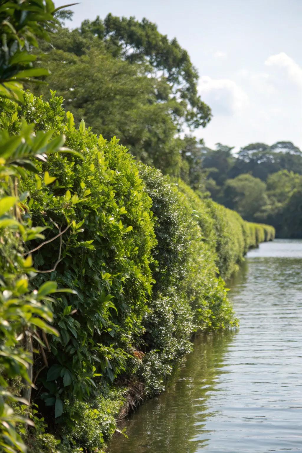 A lush green screen providing privacy by the waterfront.