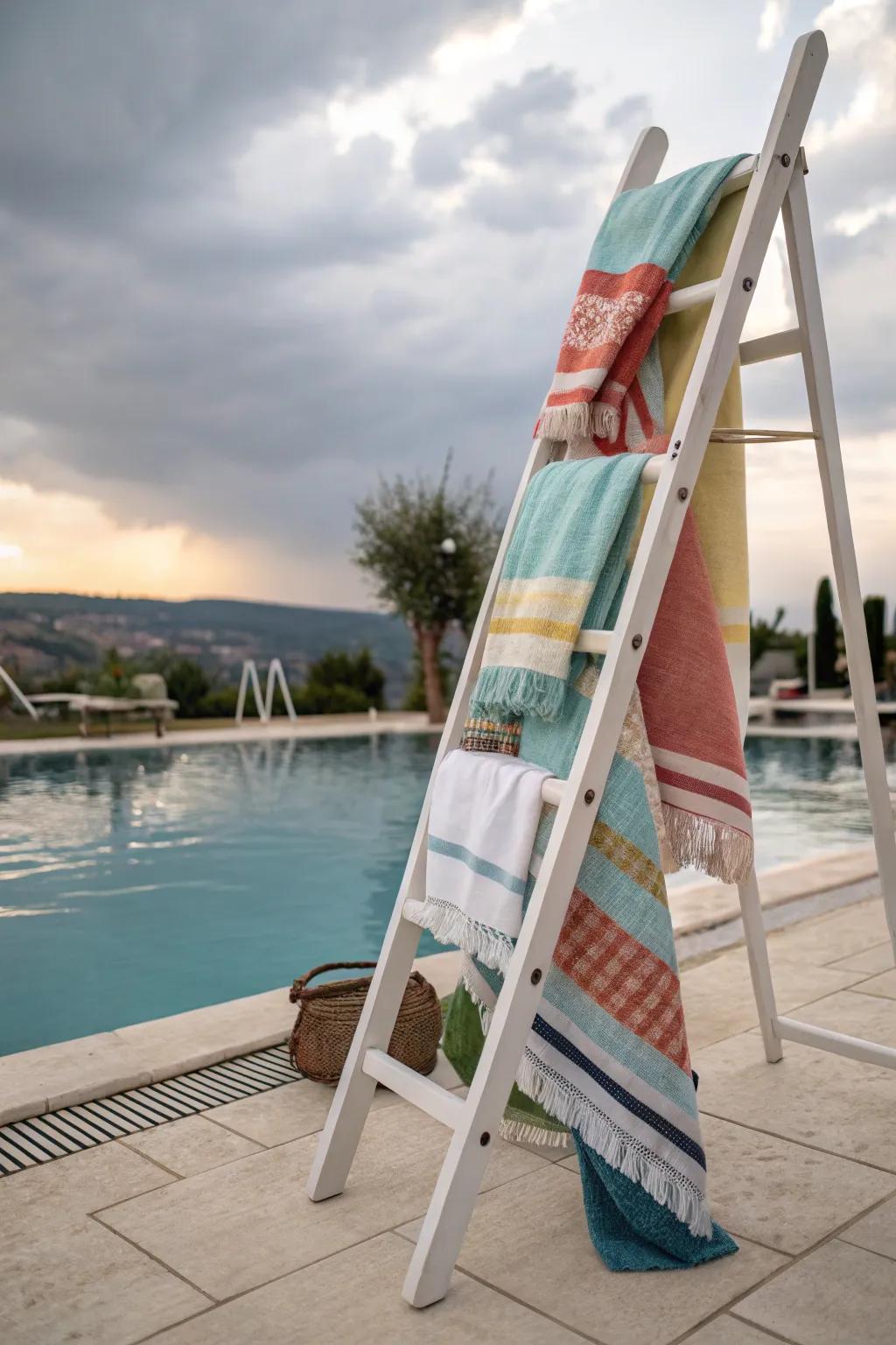 Artistic towel display with a decorative ladder.