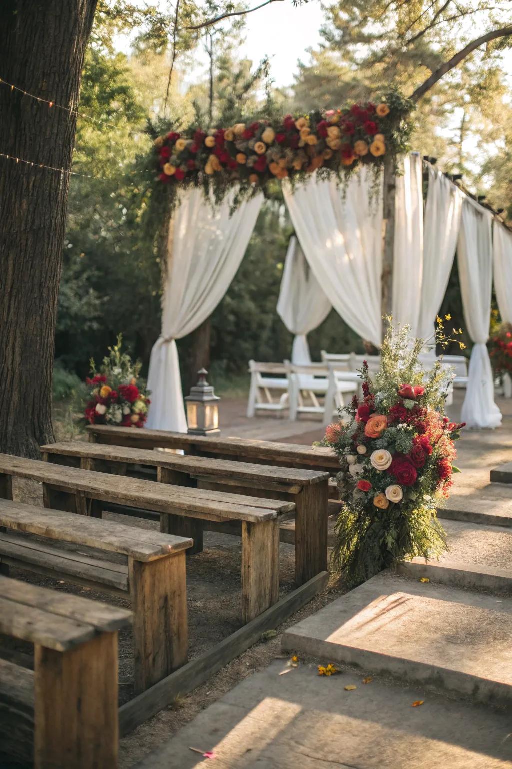 Vintage benches add a timeless charm to wedding decor.