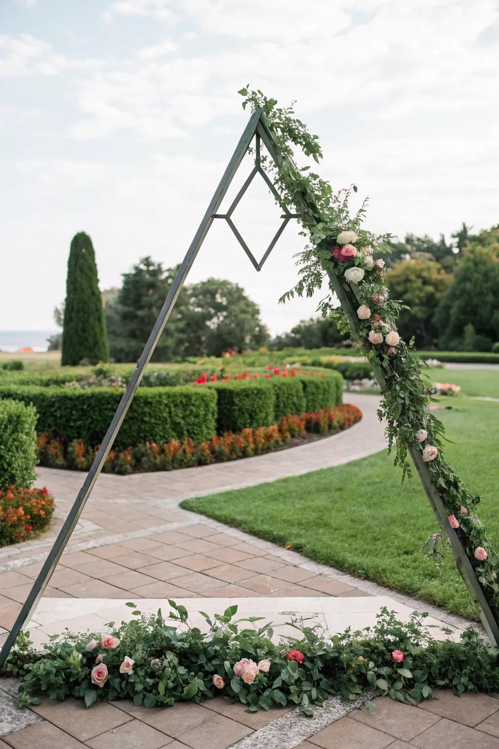 A geometric triangle arch that adds an artistic flair to the ceremony setting.