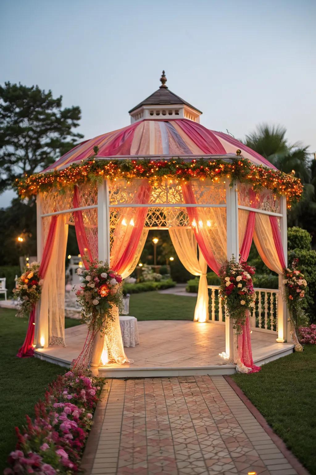A colorful canopy adds a personal touch to this gazebo.