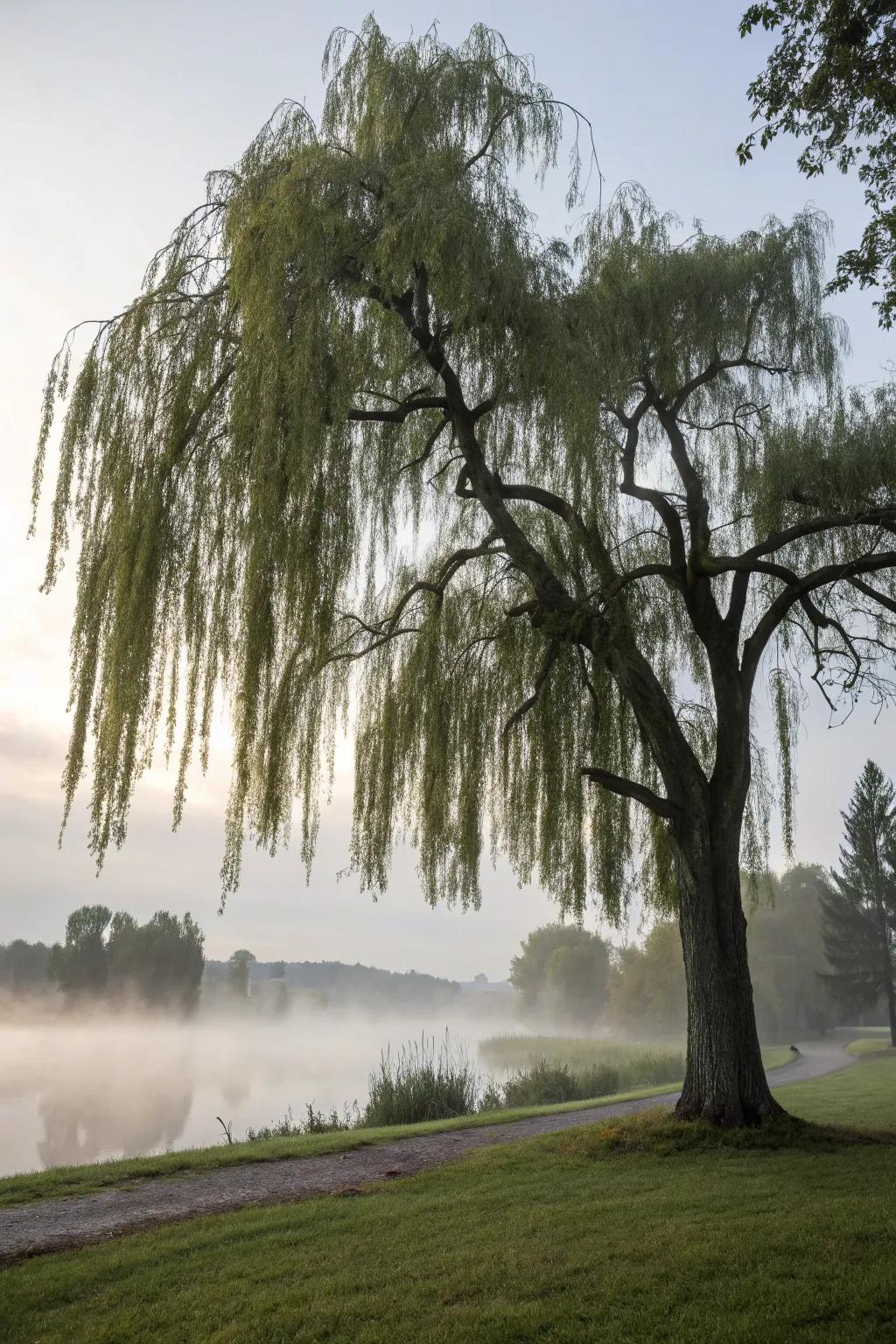 A misty willow scene brings an ethereal quality to your garden.