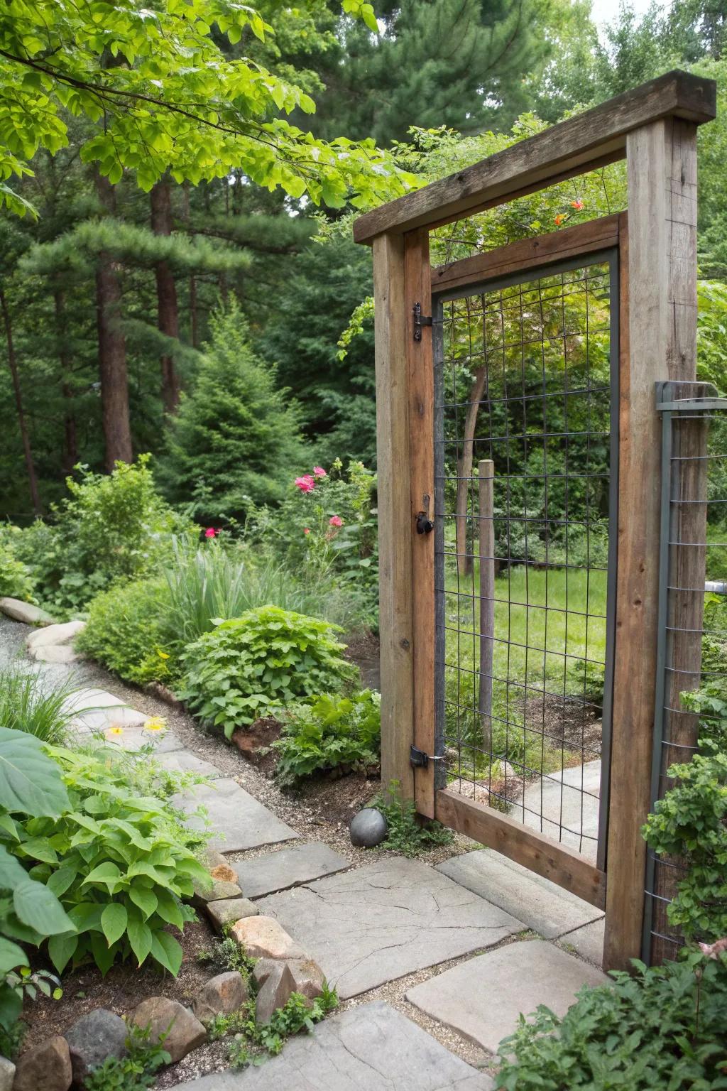 Reclaimed wood frames offer an eco-friendly and stylish gate solution.
