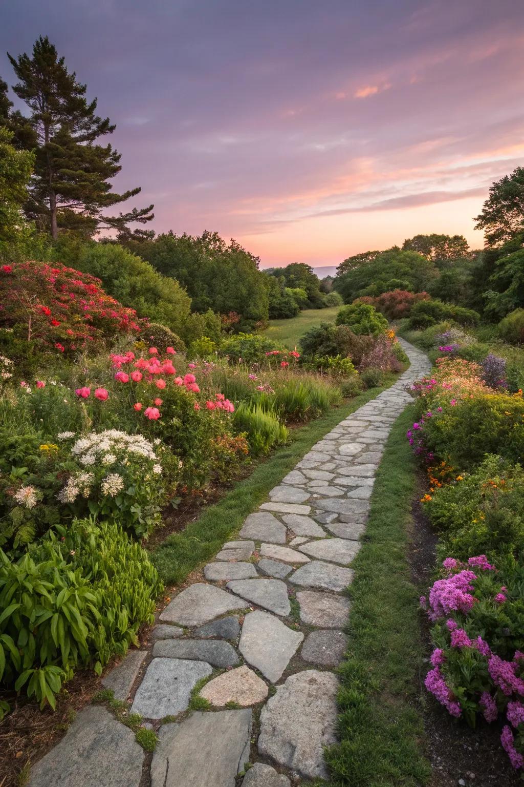 A picturesque stone pathway guiding through a west-facing garden.