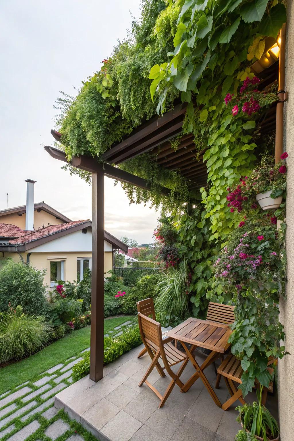 Vertical gardens offer a green solution to patio shade.