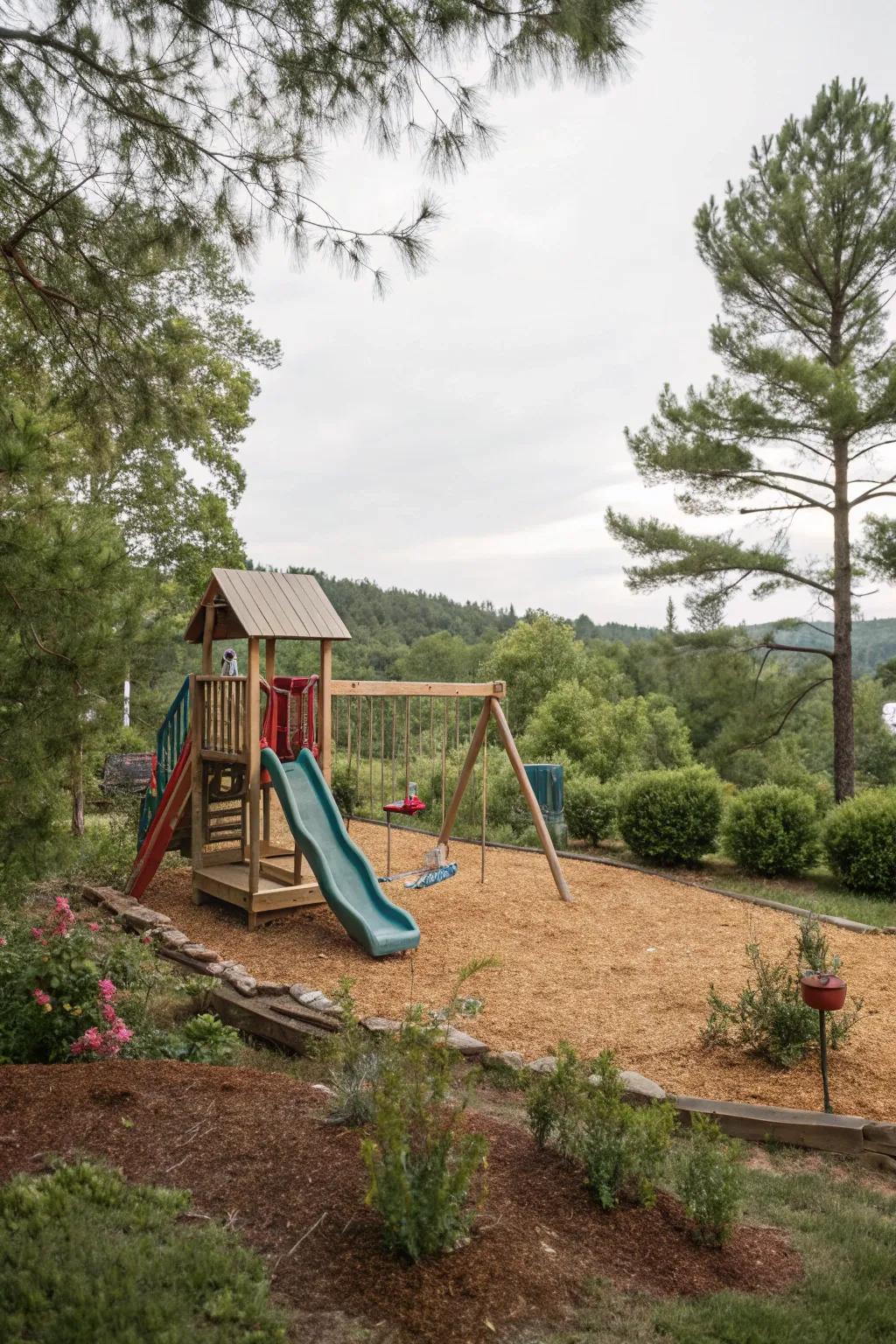 Pine straw offers a soft and natural base for playsets.