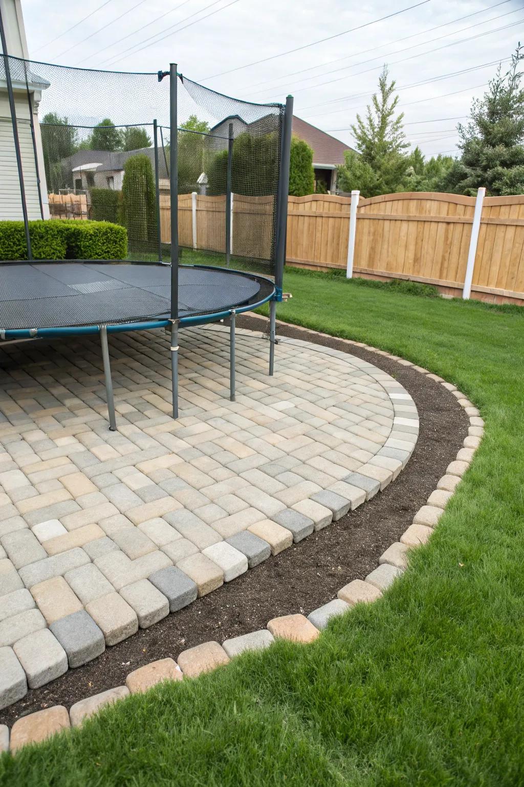 Pavers offer a structured and elegant base for trampolines.