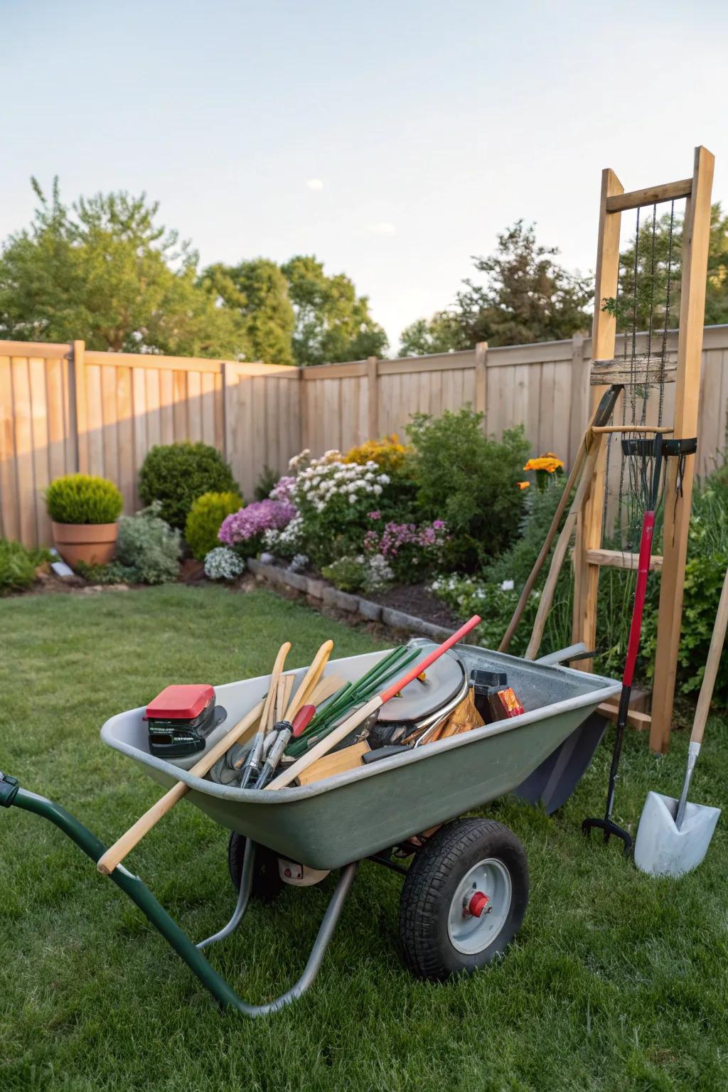 A portable cart adds mobility to your wheelbarrow and tool storage.