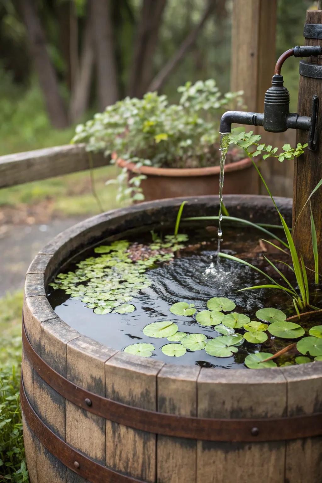 Add tranquility to your garden with a whiskey barrel water feature.