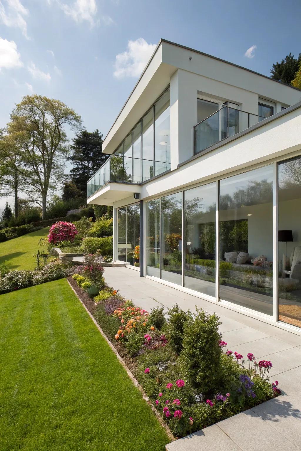 A modern white home with expansive glass windows, enhancing natural light and connectivity.