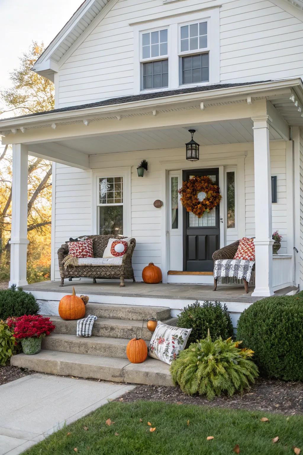 Seasonal decor keeps a white house porch looking fresh and inviting.