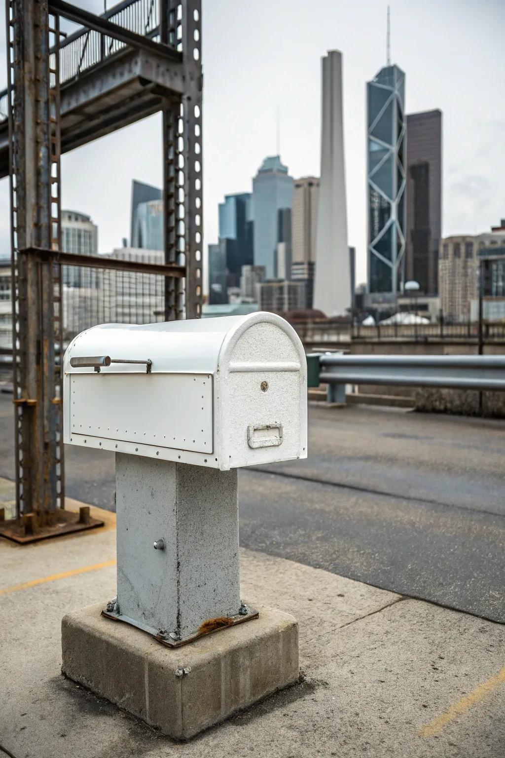 An industrial-inspired white mailbox stands out with its concrete and metal features.