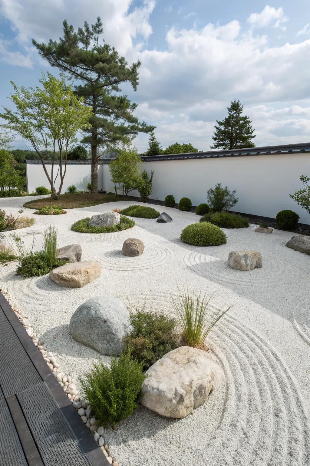 A peaceful Zen garden with white rocks creating tranquility.