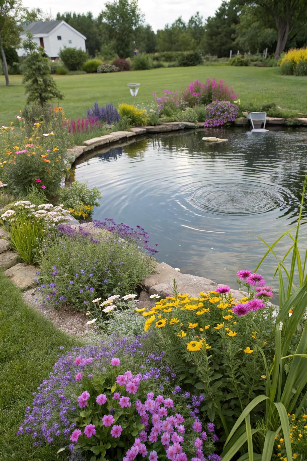 A tranquil pond framed by vibrant wildflowers.