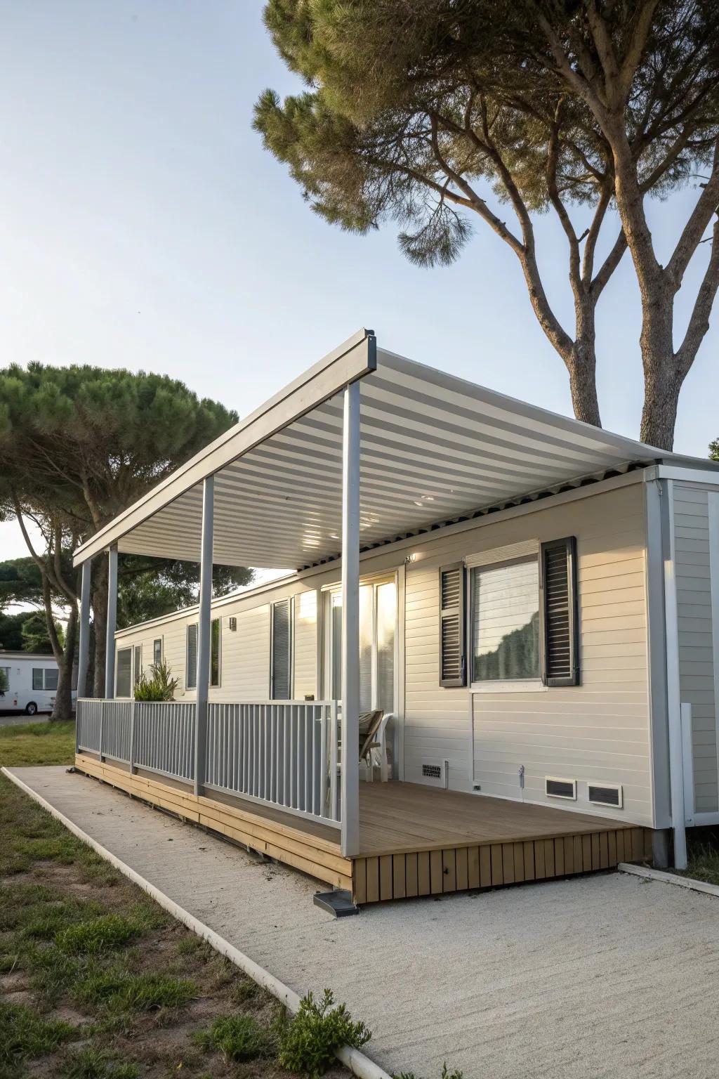 A minimalist slatted awning offering a contemporary touch to a mobile home.