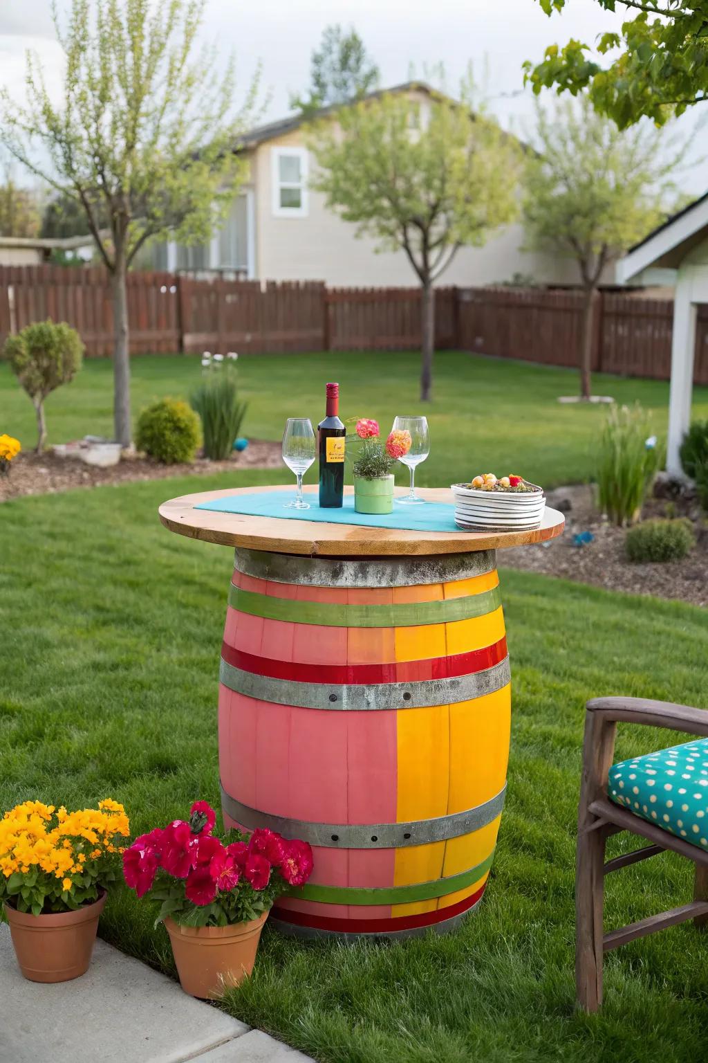 Brighten your space with a colorful wine barrel table.