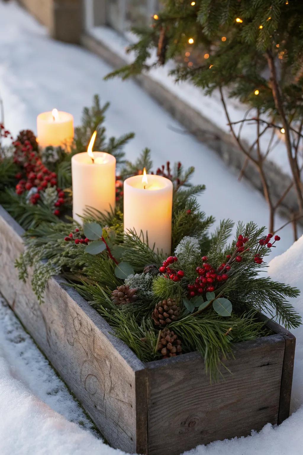 Flameless candles add a warm glow to winter flower boxes.