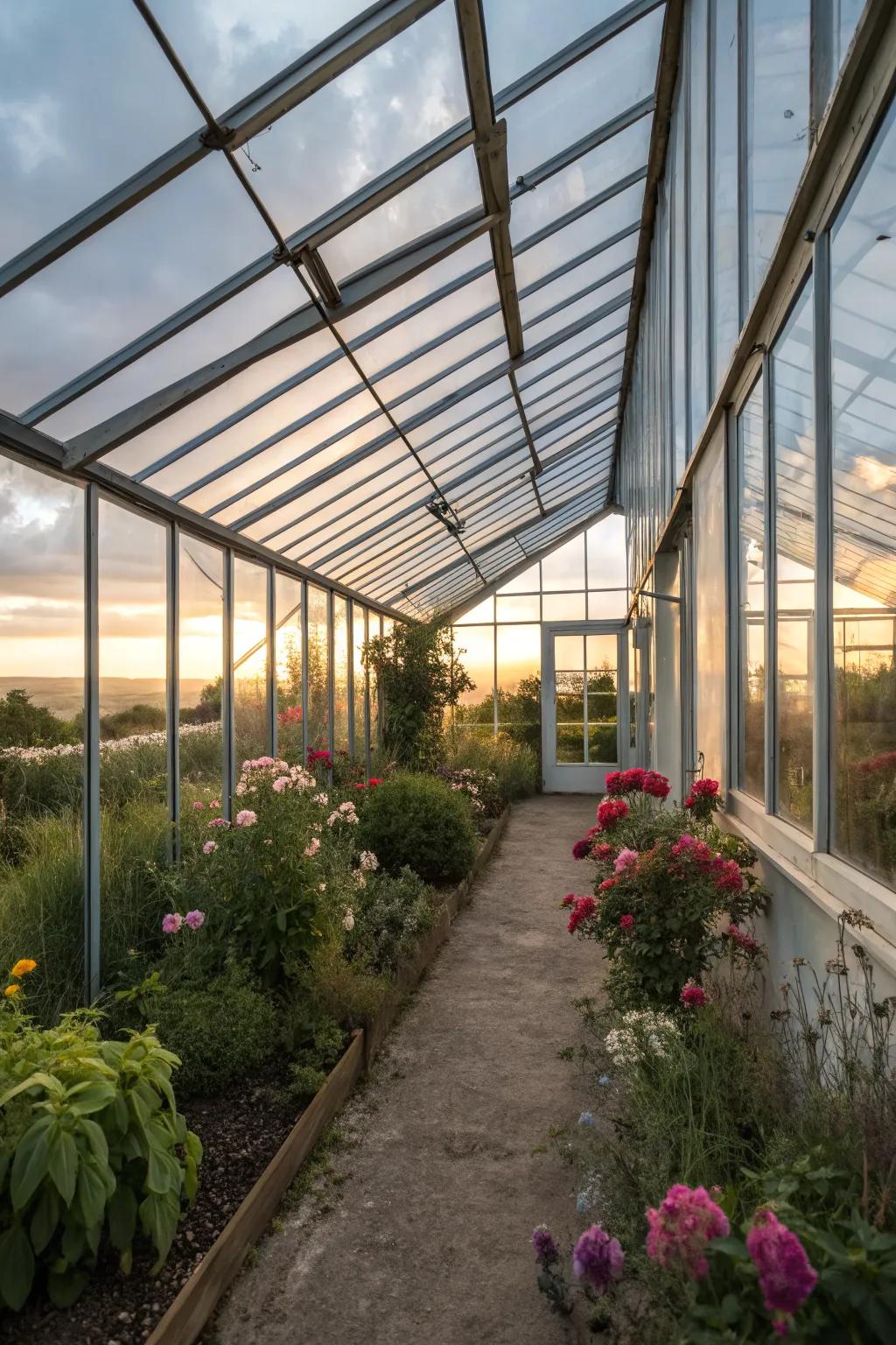 South-facing greenhouse maximizing sunlight.