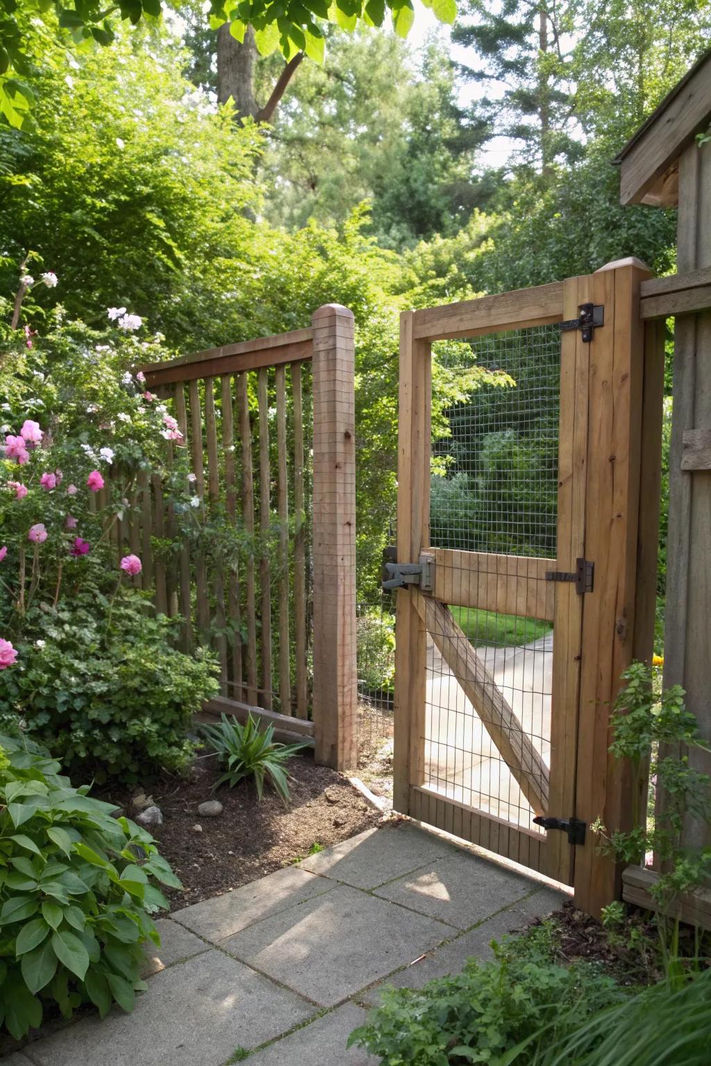 Wood and wire mesh provide privacy and style in this garden retreat.