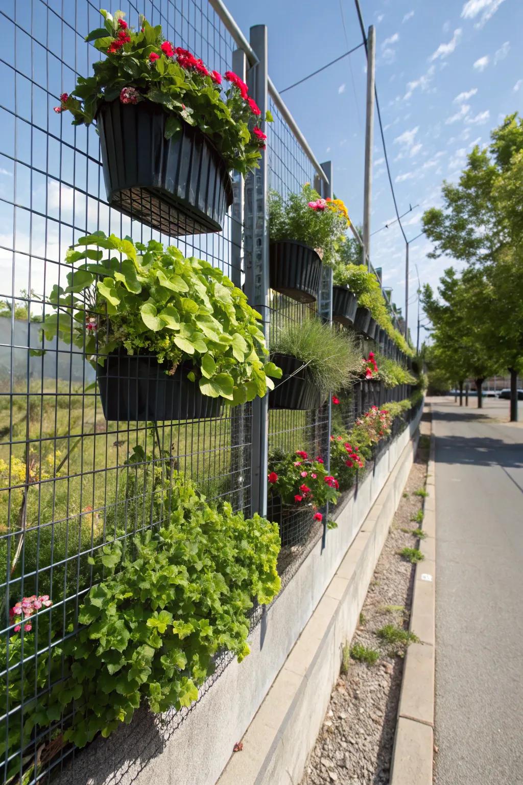 Vertical garden integrated into a wire fence with planters.