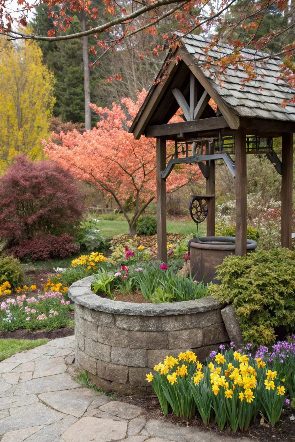A wishing well with seasonal plant rotations keeps the garden lively throughout the year.